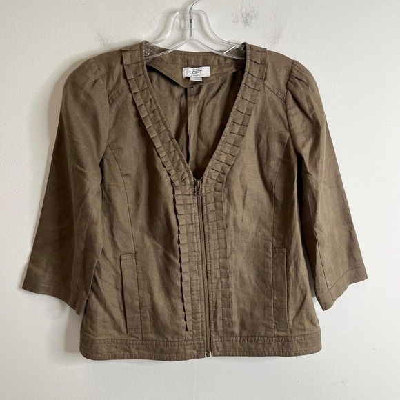 Ann Taylor Loft Women's Linen Jacket Size 4P Green Full Zip Up 3/4 Sleeve V Neck - Picture 2 of 5